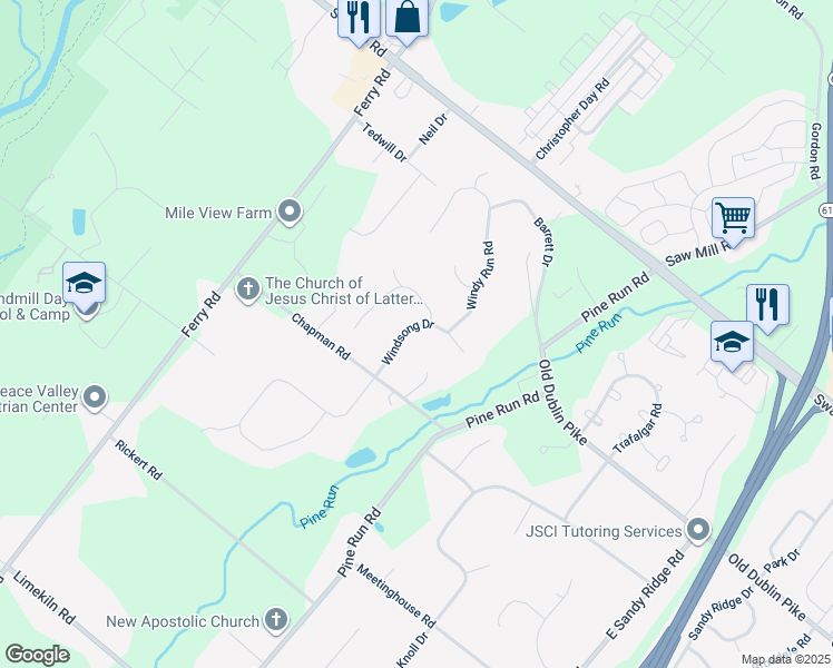 map of restaurants, bars, coffee shops, grocery stores, and more near 108 Windsong Drive in Doylestown