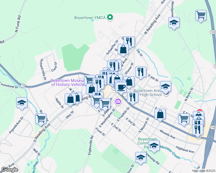 map of restaurants, bars, coffee shops, grocery stores, and more near in Boyertown