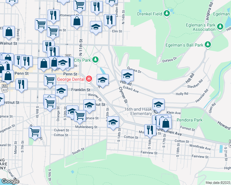 map of restaurants, bars, coffee shops, grocery stores, and more near 1215 Eckert Avenue in Reading