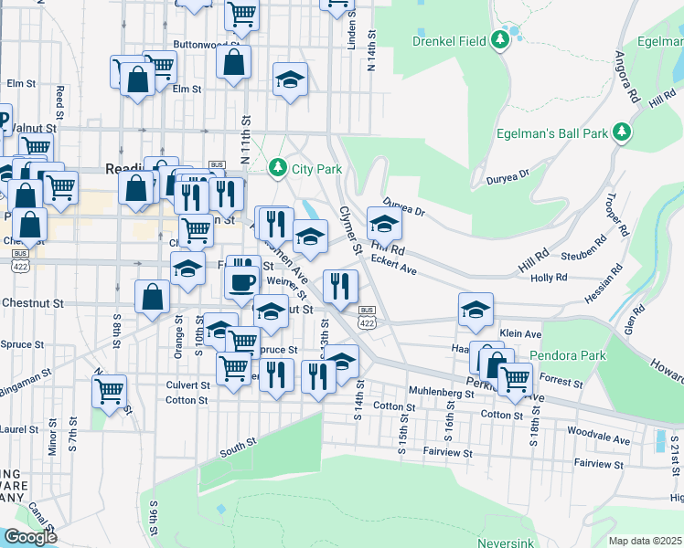 map of restaurants, bars, coffee shops, grocery stores, and more near 1215 Eckert Avenue in Reading