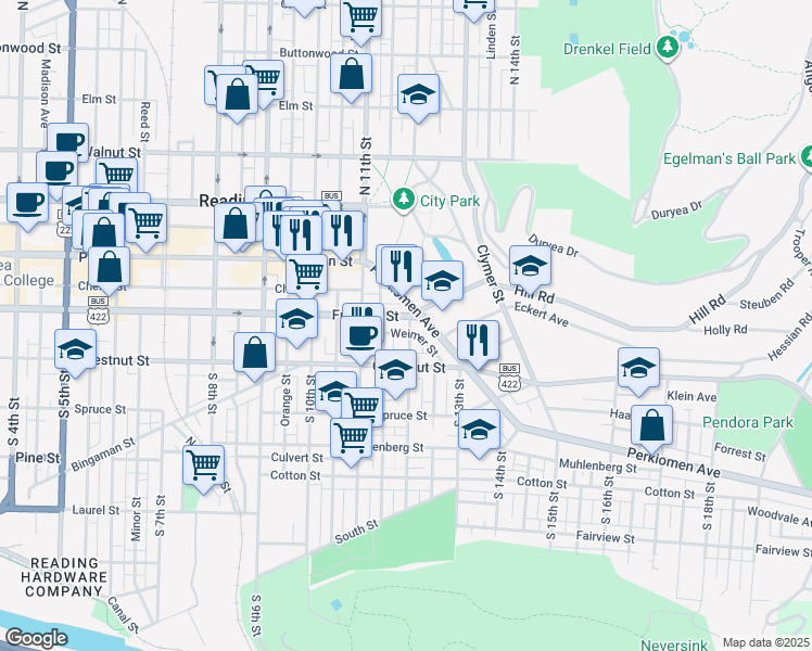 map of restaurants, bars, coffee shops, grocery stores, and more near 1135 Franklin Street in Reading