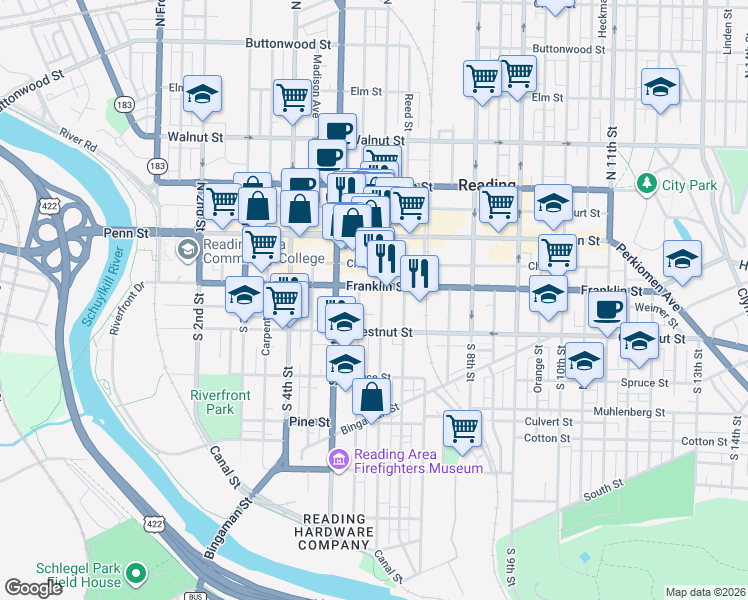 map of restaurants, bars, coffee shops, grocery stores, and more near 522 Franklin Street in Reading