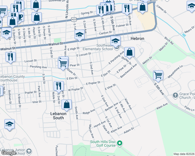 map of restaurants, bars, coffee shops, grocery stores, and more near 506 South 2nd Avenue in Lebanon