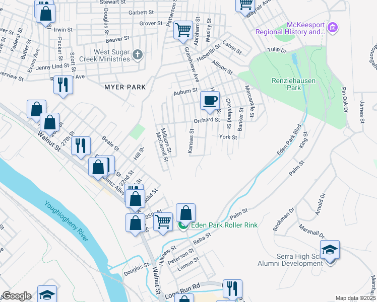 map of restaurants, bars, coffee shops, grocery stores, and more near 2718 Kansas Street in McKeesport