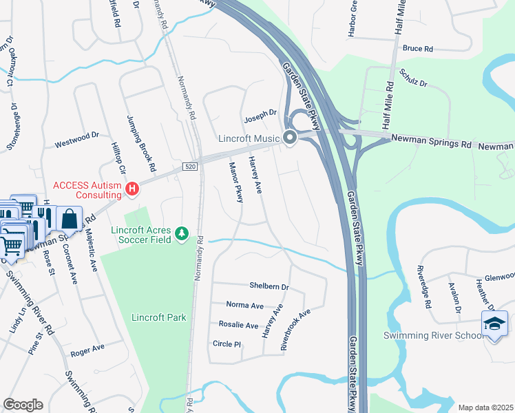 map of restaurants, bars, coffee shops, grocery stores, and more near 68 Harvey Avenue in Lincroft
