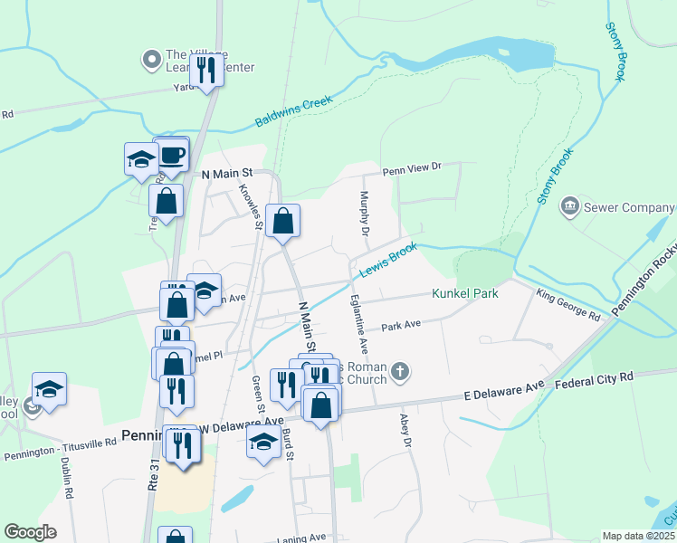 map of restaurants, bars, coffee shops, grocery stores, and more near 27 East Franklin Avenue in Pennington