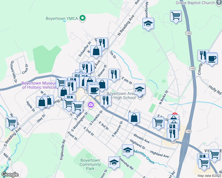 map of restaurants, bars, coffee shops, grocery stores, and more near 138 North Washington Street in Boyertown