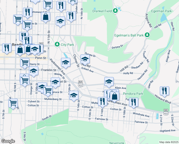 map of restaurants, bars, coffee shops, grocery stores, and more near 1506 Eckert Avenue in Reading
