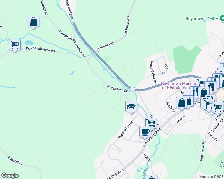 map of restaurants, bars, coffee shops, grocery stores, and more near 103 South Ironstone Drive in Boyertown