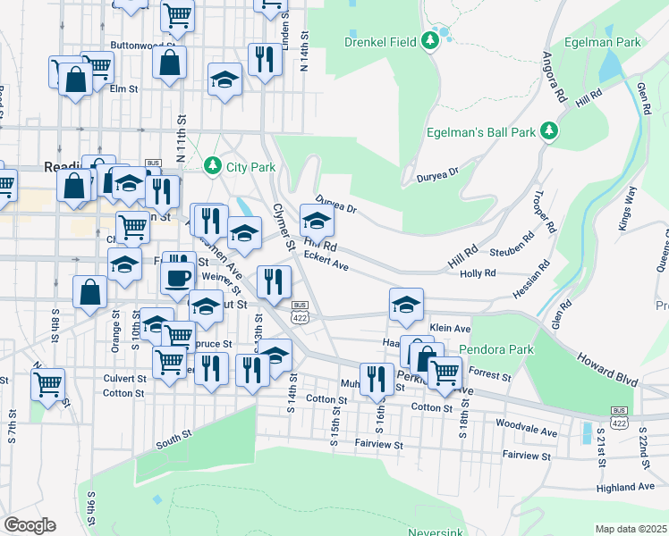 map of restaurants, bars, coffee shops, grocery stores, and more near 1506 Eckert Avenue in Reading