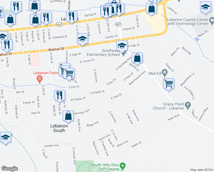map of restaurants, bars, coffee shops, grocery stores, and more near 601 South 3rd Avenue in Lebanon