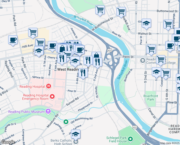 map of restaurants, bars, coffee shops, grocery stores, and more near 118 Yarnell Street in West Reading