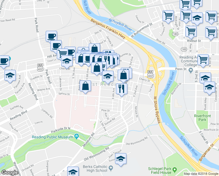 map of restaurants, bars, coffee shops, grocery stores, and more near 418 Chestnut Street in West Reading