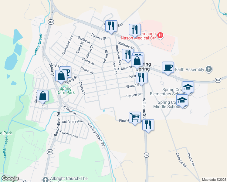 map of restaurants, bars, coffee shops, grocery stores, and more near 728-32 Walnut Street in Roaring Spring