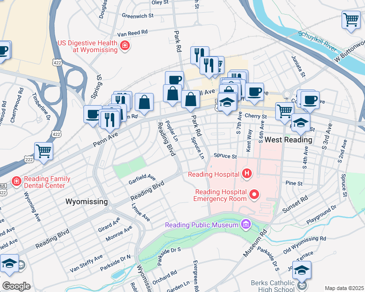 map of restaurants, bars, coffee shops, grocery stores, and more near 939 Wayne Avenue in Wyomissing