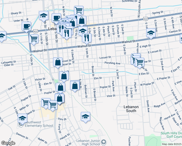map of restaurants, bars, coffee shops, grocery stores, and more near 418 S 6th St in Lebanon