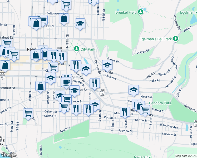 map of restaurants, bars, coffee shops, grocery stores, and more near 134 Clymer Street in Reading