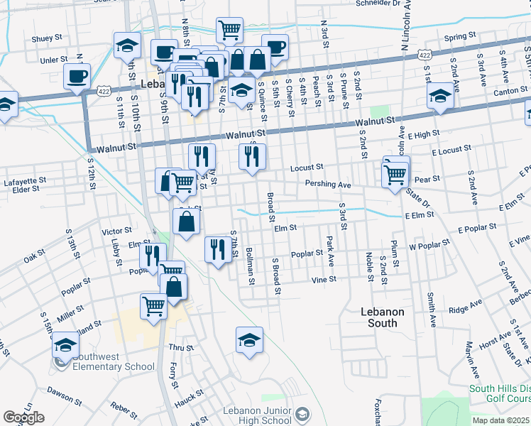 map of restaurants, bars, coffee shops, grocery stores, and more near 418 S 6th St in Lebanon