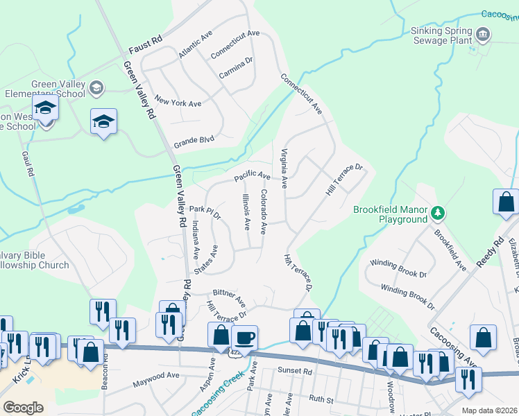 map of restaurants, bars, coffee shops, grocery stores, and more near 11 Illinois Avenue in Sinking Spring