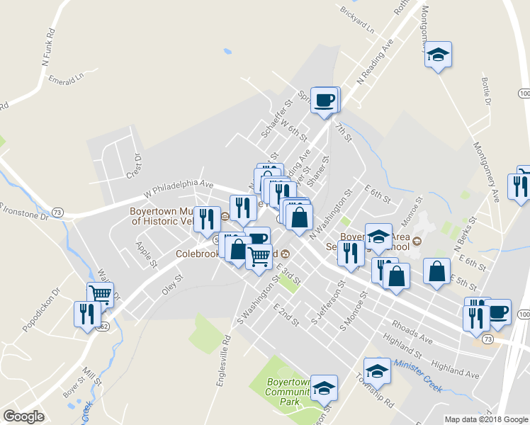 map of restaurants, bars, coffee shops, grocery stores, and more near 16 South Reading Avenue in Boyertown