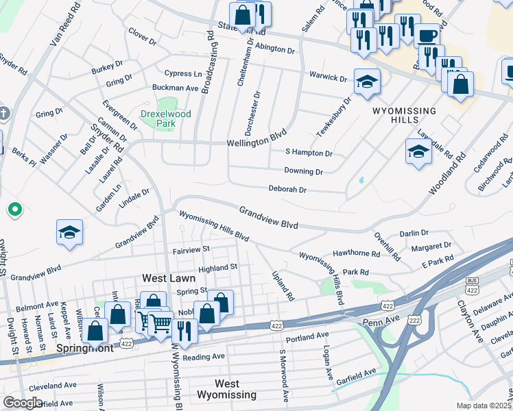 map of restaurants, bars, coffee shops, grocery stores, and more near 95 Grandview Boulevard in Reading