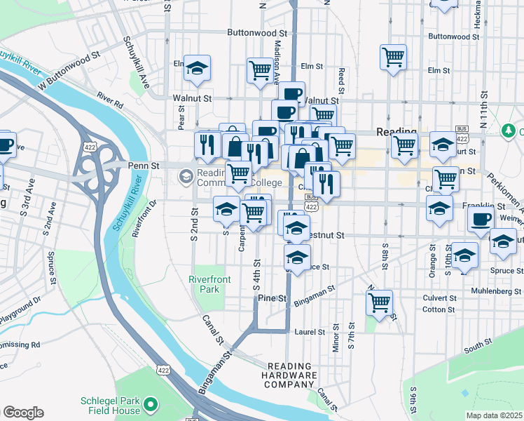 map of restaurants, bars, coffee shops, grocery stores, and more near 115 South 4th Street in Reading