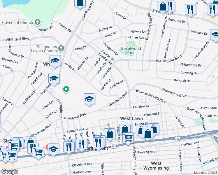 map of restaurants, bars, coffee shops, grocery stores, and more near 2407 Lindale Drive in Reading