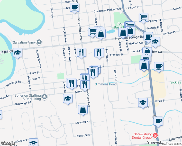 map of restaurants, bars, coffee shops, grocery stores, and more near 180 Patterson Avenue in Shrewsbury