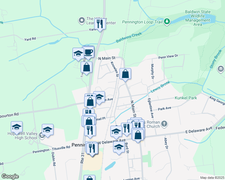 map of restaurants, bars, coffee shops, grocery stores, and more near 25 Knowles Street in Pennington