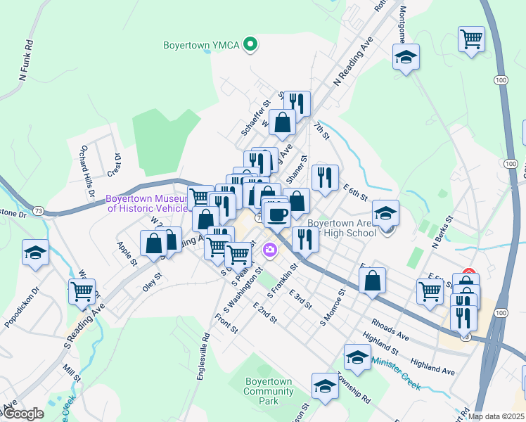 map of restaurants, bars, coffee shops, grocery stores, and more near 28 East 4th Street in Boyertown