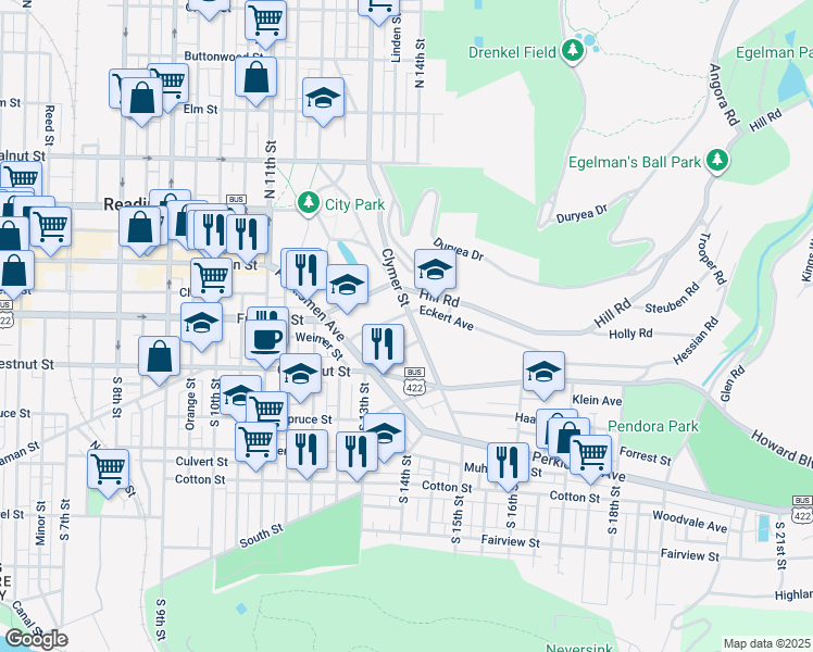 map of restaurants, bars, coffee shops, grocery stores, and more near 134 Clymer Street in Reading