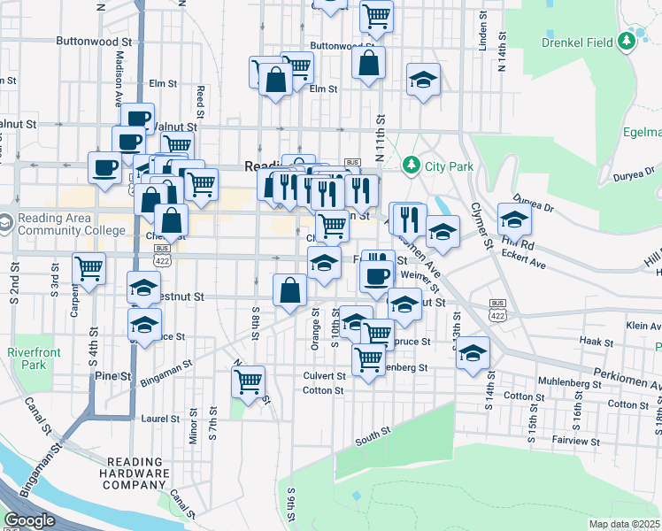 map of restaurants, bars, coffee shops, grocery stores, and more near 101 South 10th Street in Reading