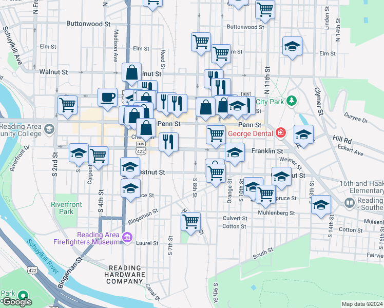 map of restaurants, bars, coffee shops, grocery stores, and more near 738 Franklin Street in Reading