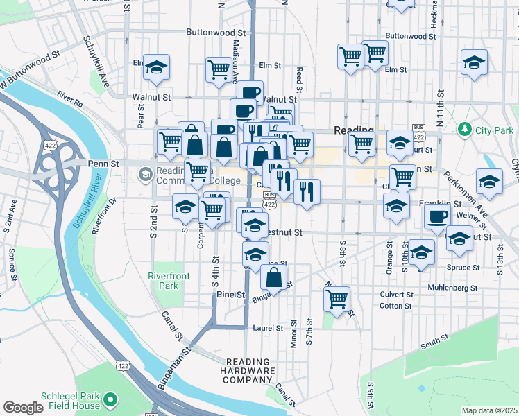 map of restaurants, bars, coffee shops, grocery stores, and more near 522 Franklin Street in Reading