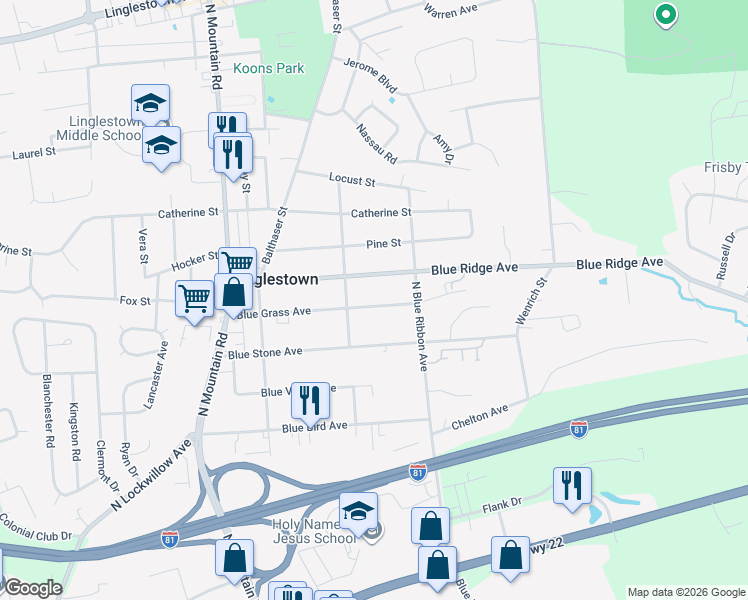 map of restaurants, bars, coffee shops, grocery stores, and more near 6212 Blue Grass Avenue in Harrisburg