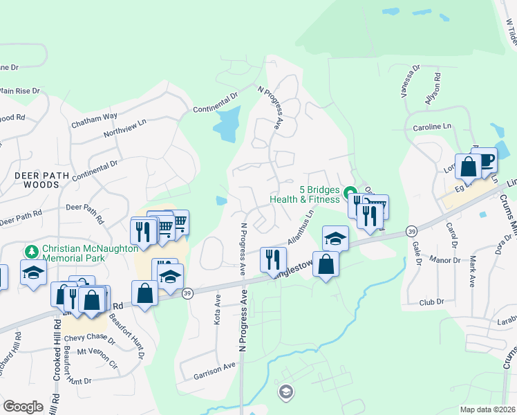 map of restaurants, bars, coffee shops, grocery stores, and more near 4500 Hillside Court in Harrisburg