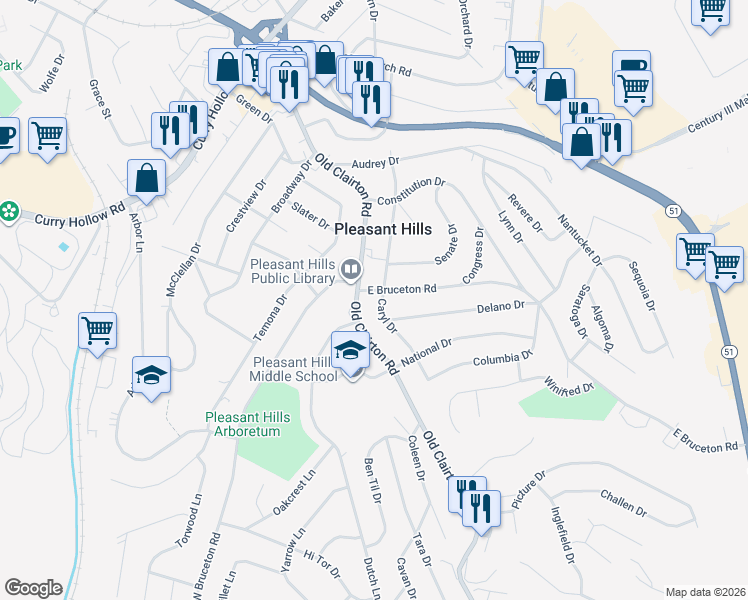 map of restaurants, bars, coffee shops, grocery stores, and more near 102 East Bruceton Road in Pittsburgh