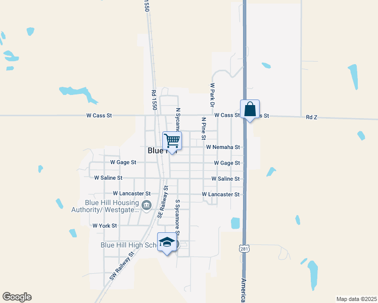 map of restaurants, bars, coffee shops, grocery stores, and more near 453-499 W Nemaha St in Blue Hill