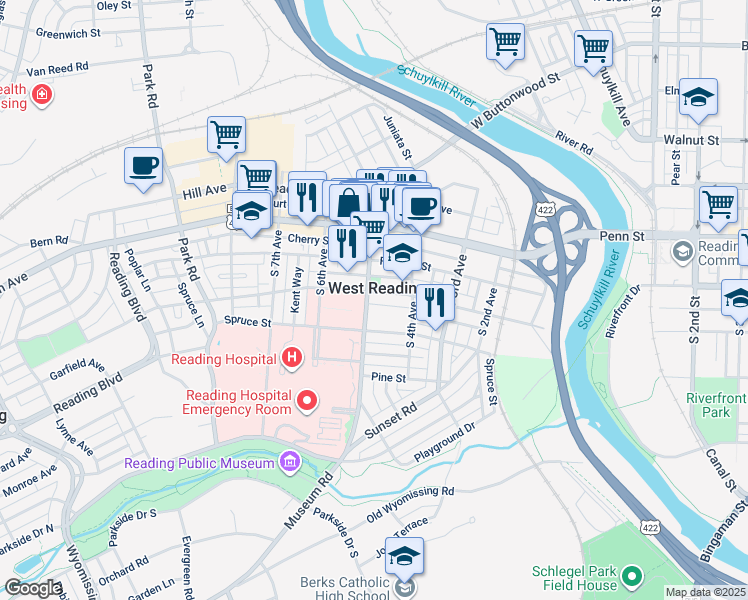 map of restaurants, bars, coffee shops, grocery stores, and more near in West Reading