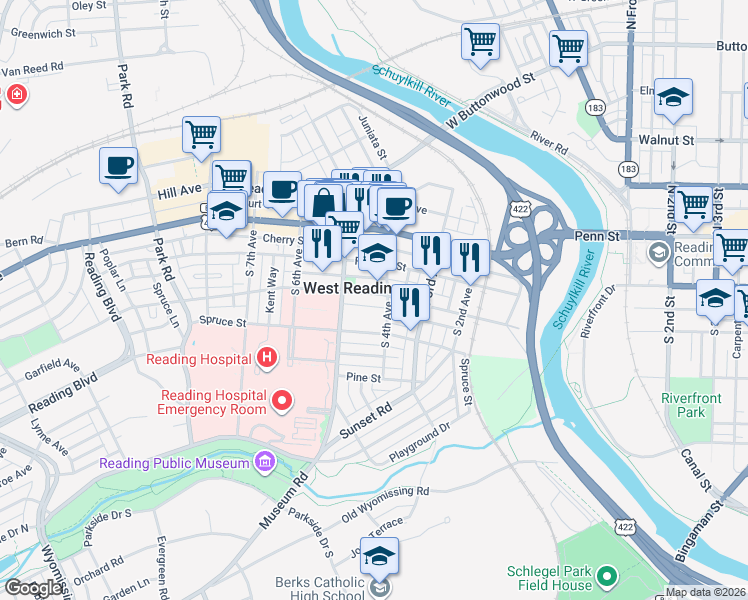 map of restaurants, bars, coffee shops, grocery stores, and more near 418 Deer Alley in West Reading