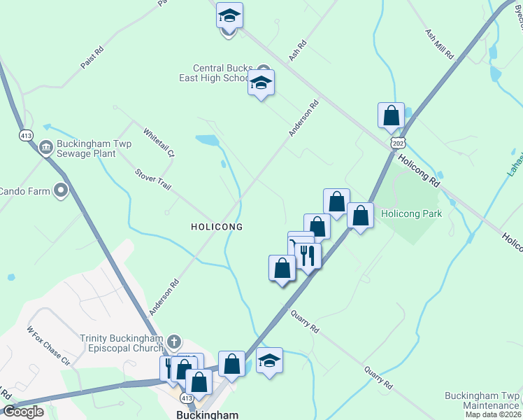 map of restaurants, bars, coffee shops, grocery stores, and more near 5025 Anderson Road in Doylestown