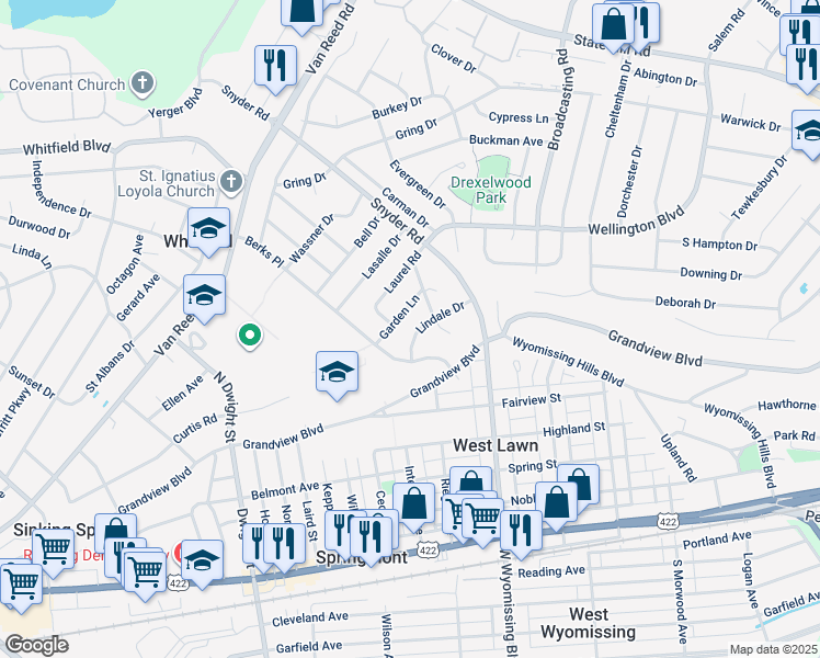 map of restaurants, bars, coffee shops, grocery stores, and more near 2407 Lindale Drive in Reading