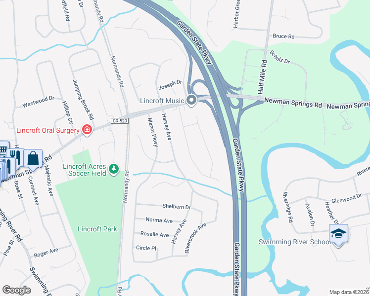 map of restaurants, bars, coffee shops, grocery stores, and more near 84 Parkview Terrace in Middletown Township