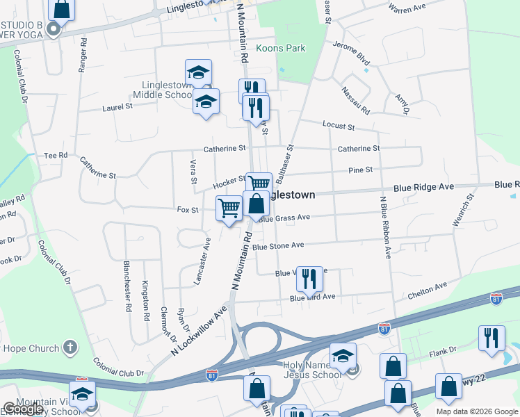 map of restaurants, bars, coffee shops, grocery stores, and more near 707 North Mountain Road in Linglestown