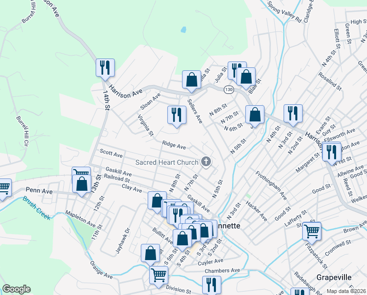 map of restaurants, bars, coffee shops, grocery stores, and more near 801 Ridge Avenue in Jeannette
