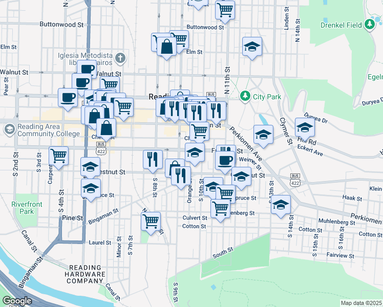 map of restaurants, bars, coffee shops, grocery stores, and more near 926 Franklin Street in Reading