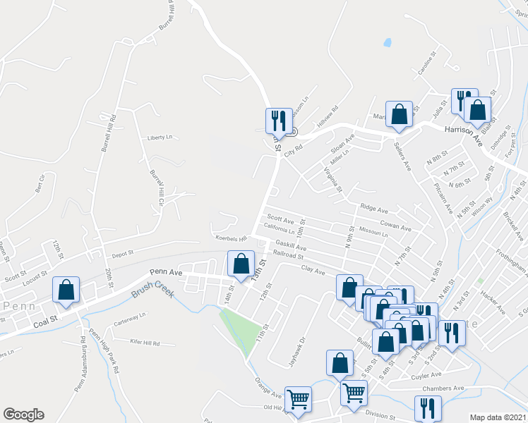 map of restaurants, bars, coffee shops, grocery stores, and more near 1031 Scott Avenue in Jeannette