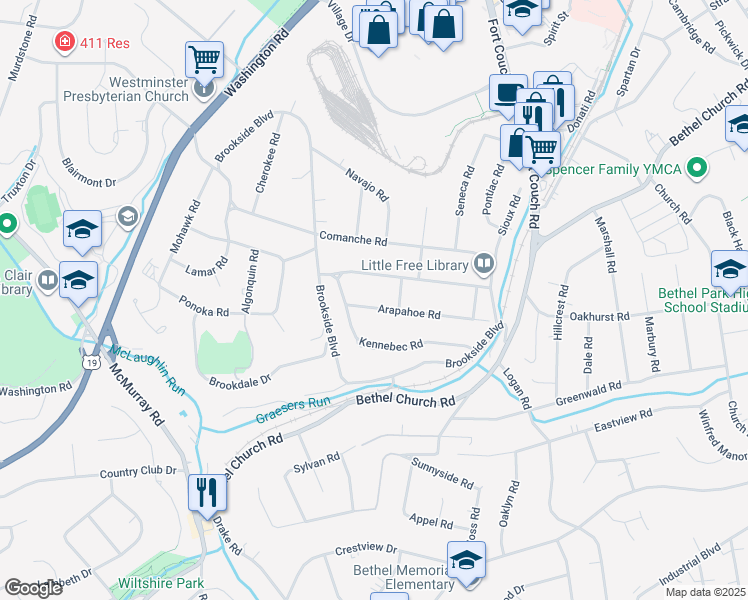 map of restaurants, bars, coffee shops, grocery stores, and more near 3230 Arapahoe Road in Pittsburgh