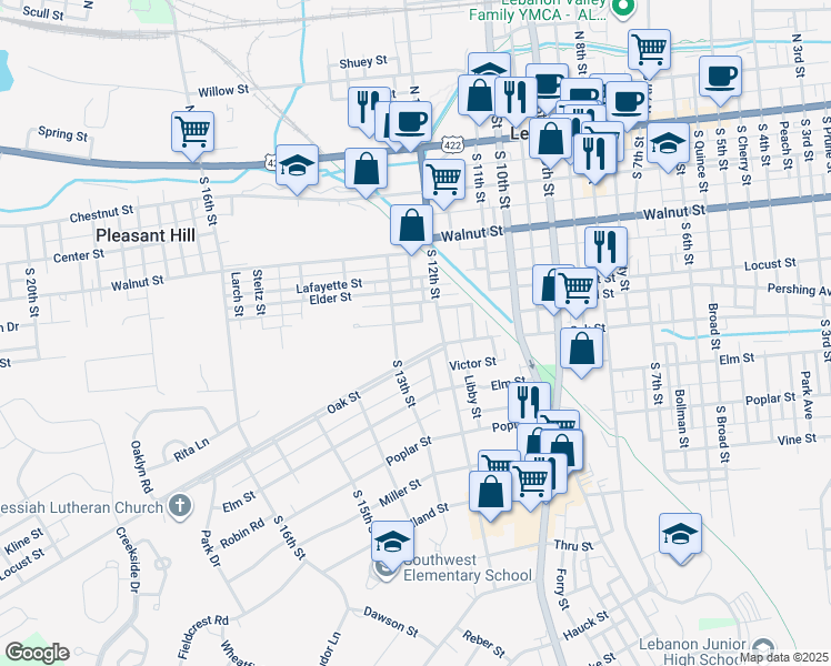 map of restaurants, bars, coffee shops, grocery stores, and more near 1236 Penn Street in Lebanon