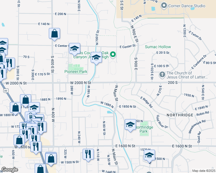 map of restaurants, bars, coffee shops, grocery stores, and more near 1975 North 45 West Street in Orem